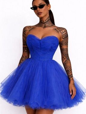 Minuet Petite Strapless Cobalt Blue Tulle Party Dress